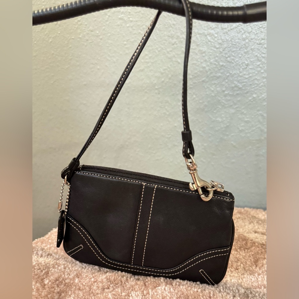 Coach Black Leather Small Wristlet with Stitching